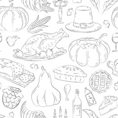 Thanksgiving icons in doodle style. Vector seamless pattern of hand drawn autumn elements with roast turkey, cartoon pumpkin food, corn, pilgrim hat, pie. Happy Thanksgiving day. Harvest festival