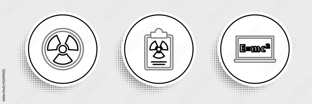 Poster set line equation solution, radioactive and radiation warning document icon. vector