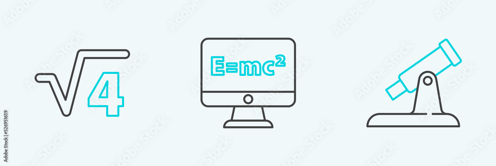 Poster set line telescope, square root of 4 glyph and equation solution icon. vector