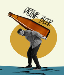 Man carrying huge beer bottle. Contemporary art collage. Concept of festival, holidays, fun, joy, traditions, drinks and snacks, oktoberfest, ad and sales.