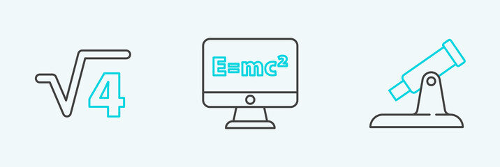 Set line Telescope, Square root of 4 glyph and Equation solution icon. Vector