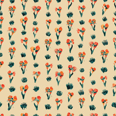 A seamless hand drawn pattern of flowers and leaves, vectorial.