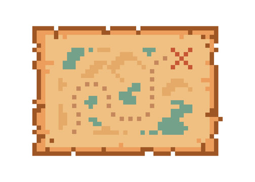 Ancient Treasure Map on Parchment. Pixel art path Map icon. 8-bit retro game assets. Abstract pixel map with paper ripped sides. Editable vector illustration