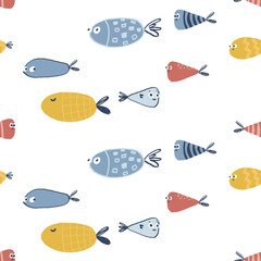 Seamless pattern with cute colored hand drawn fishes. Nice funny doodle water animals with big eyes and small fins.