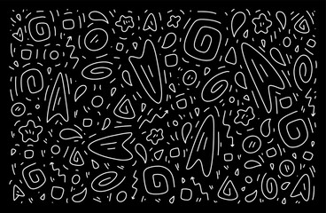 Fototapeta na wymiar Scattered Geometric Line Shapes. Hand drawn Doodle elements. Abstract Background Design. Vector Black and White Pattern.