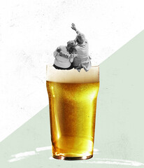 Senior couple sitting on huge beer glass. Contemporary art collage. magazine style. Holidays, fun,...