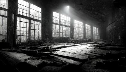illustration of a dark scary abandoned factory floor in black and white