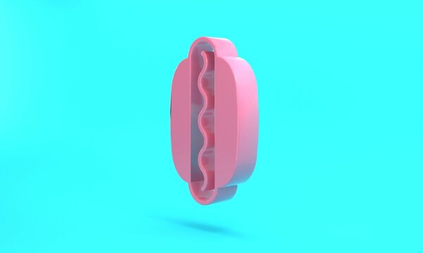 Pink Hotdog sandwich with mustard icon isolated on turquoise blue background. Sausage icon. Fast food sign. Minimalism concept. 3D render illustration