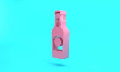 Pink Beer bottle icon isolated on turquoise blue background. Minimalism concept. 3D render illustration