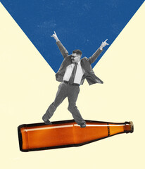 Excited man dancing on giant beer bottle. Contemporary art collage. Concept of festival, holidays, party, beer, drinks and snacks, oktoberfest, ad and sales.