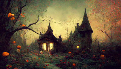 Fototapeta na wymiar Witch village with pumpkins watercolor illustration halloween.Illustrations for children's storybooks.Halloween night pictures for wall paper .