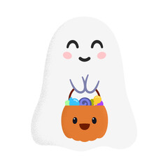 Creative vector illustration with cute Halloween ghost with pumpkin basket of colorful lollipops in hands against white background