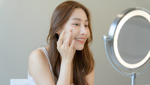 Beautiful Asian woman sitting in front of mirror. face of healthy woman applying cream and makeup. Advertisement for skin cream, anti-wrinkle cream, baby face, skin care, Moisturizing Cream,foundation