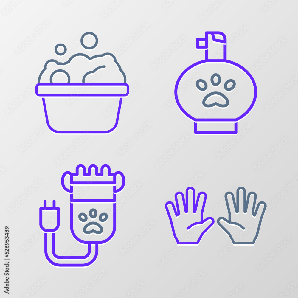 Sticker set line medical rubber gloves, hair clipper pet, pet shampoo and pets bath icon. vector