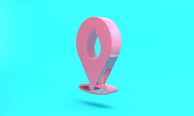 Pink Water drop with location icon isolated on turquoise blue background. Minimalism concept. 3D render illustration