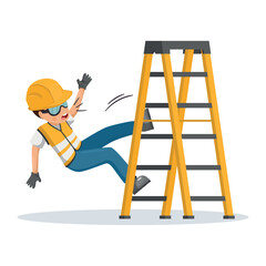 Worker has a fall from a ladder in an accident and workplace negligence. Industrial safety and occupational health at work - obrazy, fototapety, plakaty