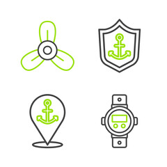 Set line Diving watch, Location with anchor, Anchor inside shield and Boat propeller, turbine icon. Vector