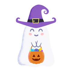 Cute Halloween cartoon ghost in purple witch hat holding pumpkin basket full of candies.