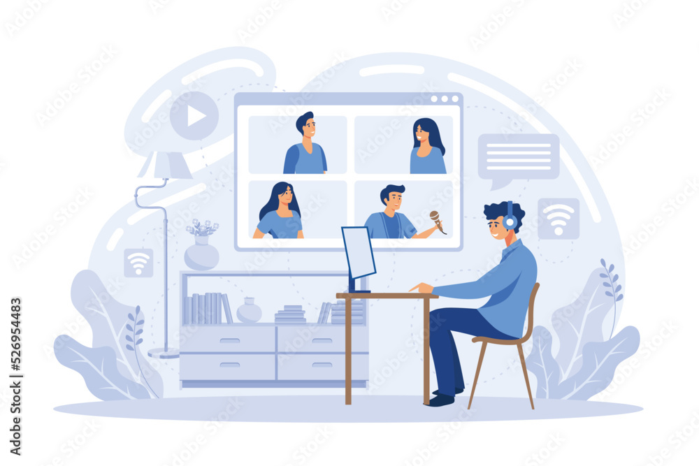 Poster video conference. people group on computer screen taking with colleague. video conferencing and onli