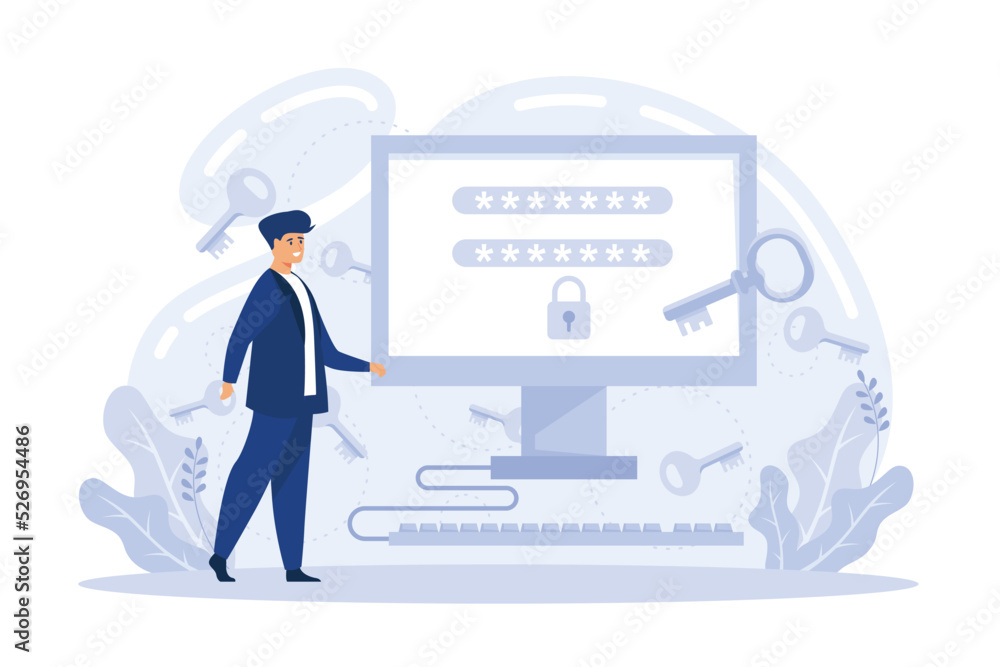 Poster computer and account login and password form page on screen. sign in to account, user authorization,
