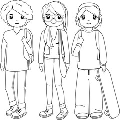 Teenager students with school bags, backpacks and a skateboard. Vector black and white coloring page