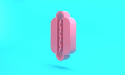 Pink Hotdog sandwich icon isolated on turquoise blue background. Sausage icon. Fast food sign. Minimalism concept. 3D render illustration