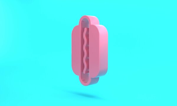 Pink Hotdog sandwich icon isolated on turquoise blue background. Sausage icon. Fast food sign. Minimalism concept. 3D render illustration