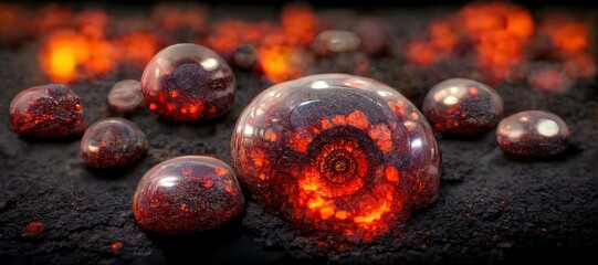Glowing red hot lava bead spheres, black magma cooled pumice rock - intriguing fiery volcanic macro wasteland. 3d illustration    - obrazy, fototapety, plakaty