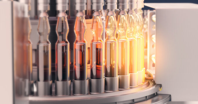 Ampoule Optical lighting. Rendering 4k in Pharmaceutical Inspection Machine For Ampoules, Vials, Cartridges. Inspects Ampoules For Particulates In Liquid And Container Defects. Vaccine Manufacturing.