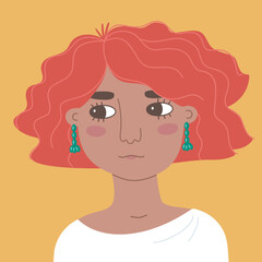 Portrait of an unsmiling young woman with red hair. Vector flat illustration of a girl in white clothes. Modern lady with wavy bob hairstyle looks sideways. Drawn cartoon avatar for social network.