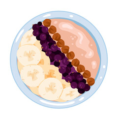 Healthy cereal breakfast food, granola in bowl top view vector illustration. Cartoon isolated plate with fruit and nut mix on milk oatmeal porridge or crunchy flakes, blueberry and banana slices