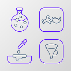 Set line Funnel or filter, Petri dish with pipette, Broken flask and Test tube and icon. Vector