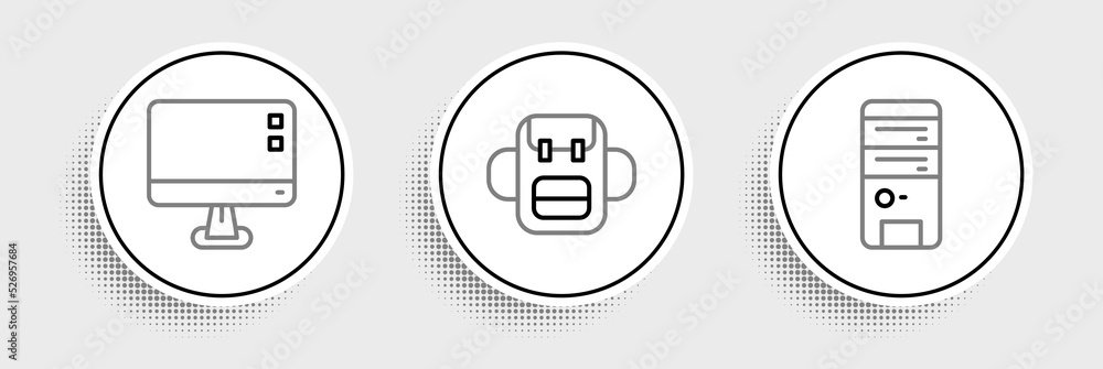 Poster set line computer, monitor screen and school backpack icon. vector