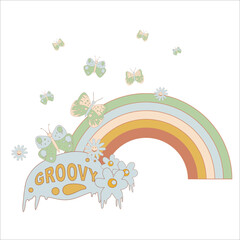 Rainbow, flowers and butterflies retro 70s 60s. Psychedelic vintage smiley sticker. Cartoon funky vintage