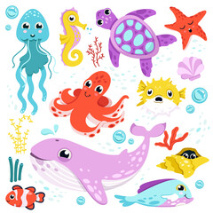 Cute fishes and underwater animals, nature of sea waters set vector illustration. Cartoon isolated funny aquatic characters, happy whale and octopus, swimming seahorse and tortoise, clownfish smiling