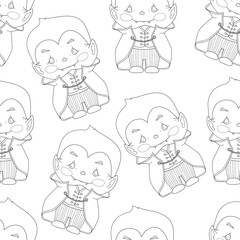 Cute cartoon baby vampire character seamless pattern template. Halloween vector illustration in black and white for game, background, pattern, wallpaper, decor. Coloring paper, page, story book, print