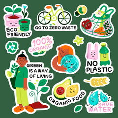 Eco friendly stickers set vector illustration. Cartoon isolated organic food, no plastic, save water, go to zero waste motivation messages and slogans, recycle sign and vegetarian green lifestyle