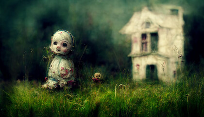 Baby ghost doll and haunted house on Halloween night.3D illustration.Digital painting.