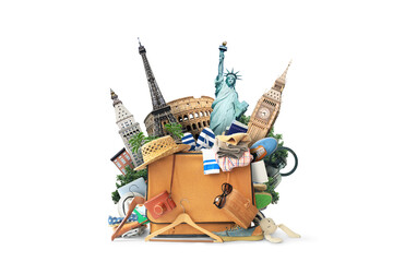 Vacation concept, suitcase with hat and tourist accessories and landmarks. Tourist packing