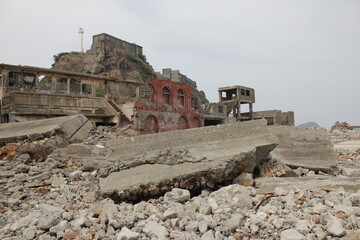 Ruins at Battle ship Island in Nagasaki Japan. Abandoned  Island world heritage.