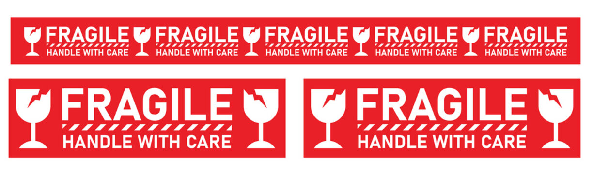 Fragile handle with care with pictrogram broken glass in red ribbon tape can be use for luxury valuable product easy touse print and attach vector eps.