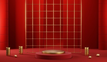 3D rendering of blank product background for cream cosmetics Modern red podium background