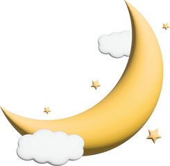 Crescent moon, golden stars and white clouds 3d style isolated PNG file.