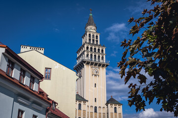 Tower of Saint Nicholas Cathedral in old part of Bielsko-Biala, Silesia region of Poland