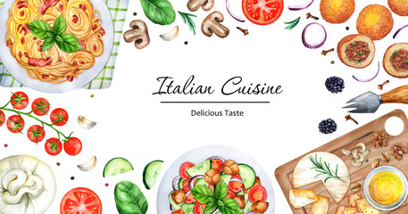 Italian cuisine banner. Set of Italian dishes
