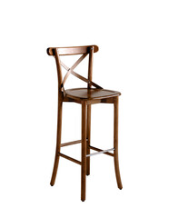 Wooden high comfortable bar stool for pub isolated on white background. Soft selective focus, art...
