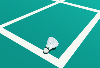 shuttlecock on white line on green background badminton court indoor sport badminton wallpaper, vector illustration EPS 10