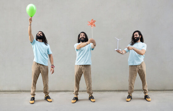 Multiple image of bearded man with objects in front of wall