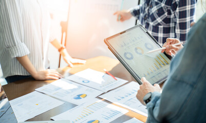 Group of young asian creative business brain storm meeting presentation,discussing roadmap to product launch, planning,strategy,new business development,working with new startup project in office.