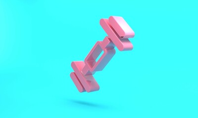 Pink Dumbbell icon isolated on turquoise blue background. Muscle lifting, fitness barbell, sports equipment. Minimalism concept. 3D render illustration